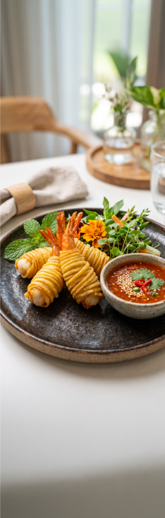 กุ้งพันเกี๊ยวจิ้มสุกี้