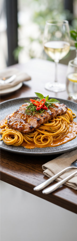 สปาเก็ตตี้พะแนงหมูย่างซอสบาร์บีคิว