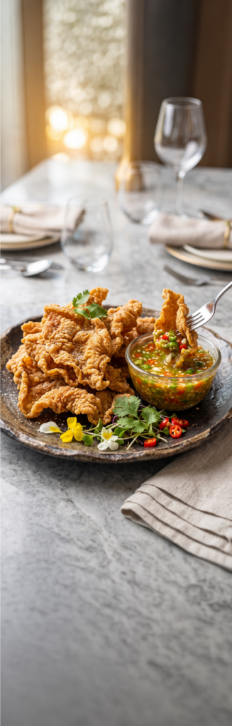 หนังไก่ทอดจิ้มน้ำจิ้มซีฟู้ด