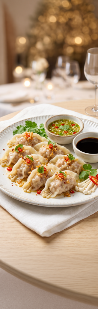 เกี๊ยวหมู และเห็ดลวกจิ้มซีฟู้ด